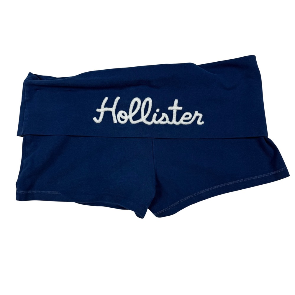 VTG Y2K Hollister Navy Blue Fold Over Yoga Micro Shorts Logo Sz L Ultra Low Rise